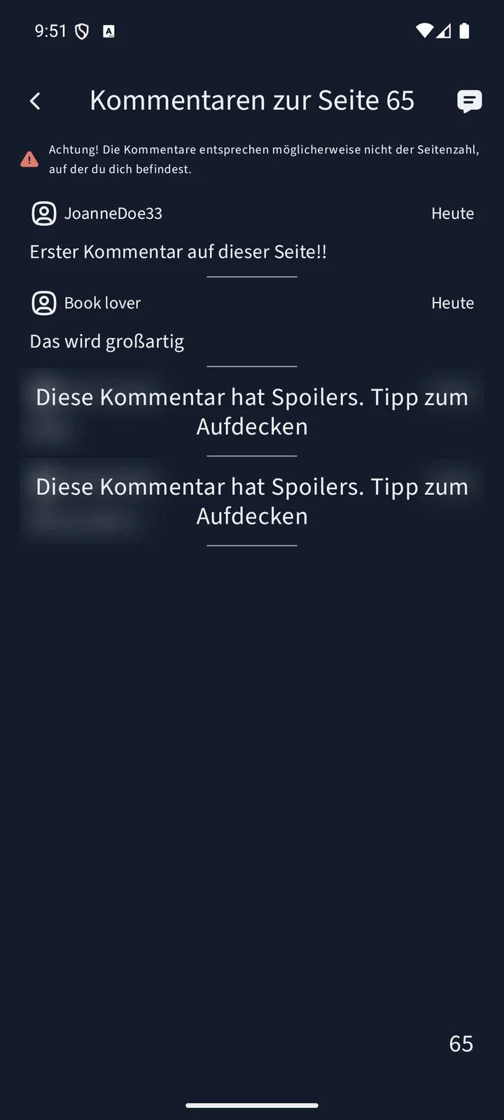 Sobuu-Kommentare auf Seite 65 mit sichtbaren Kommentaren und verborgenen Spoiler-Kommentaren.