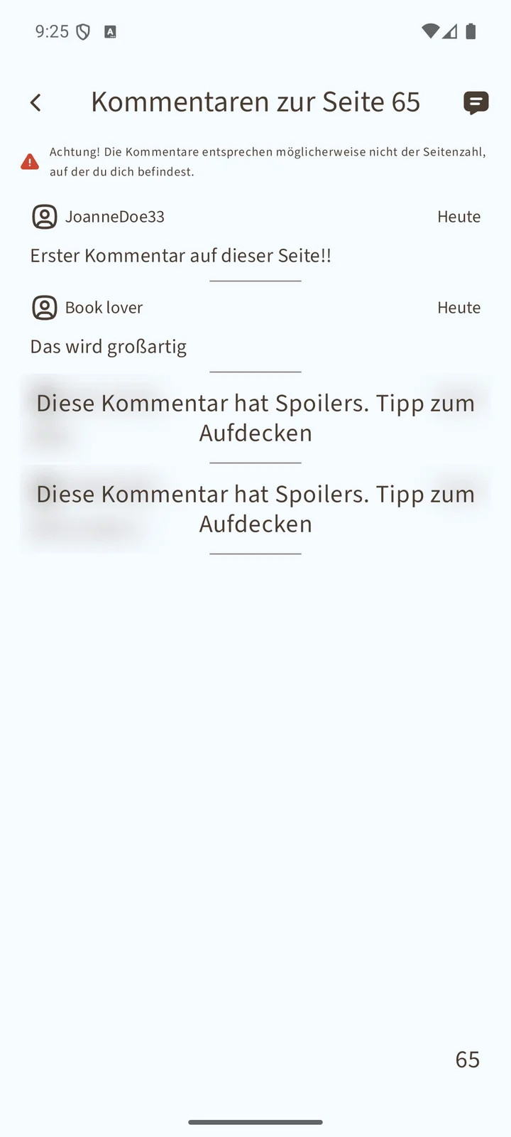 Sobuu-Kommentare auf Seite 65 mit sichtbaren Kommentaren und verborgenen Spoiler-Kommentaren.