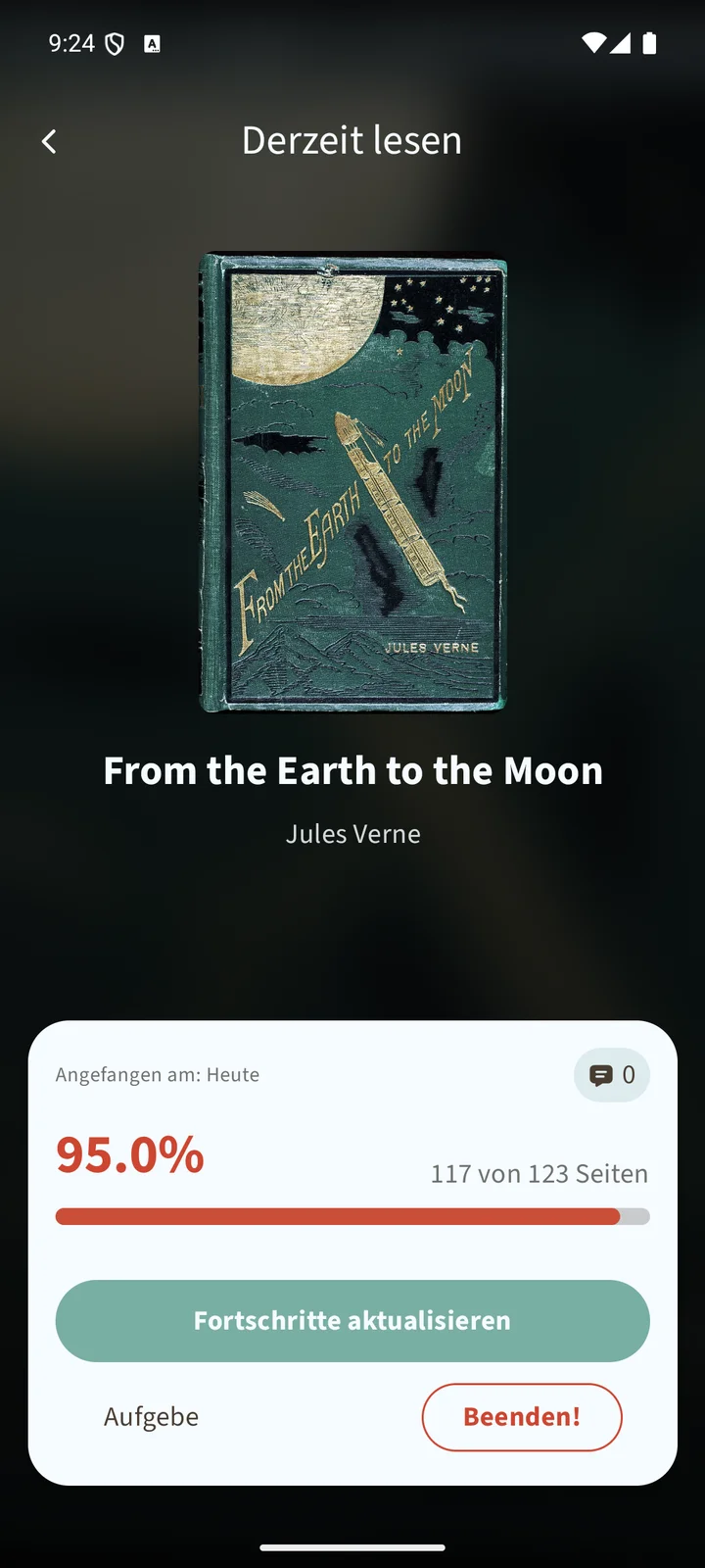 Sobuu-Ansicht für das aktuelle Buch mit Seitenzahl, Fortschrittsbalken und Schaltfläche zum Aktualisieren.
