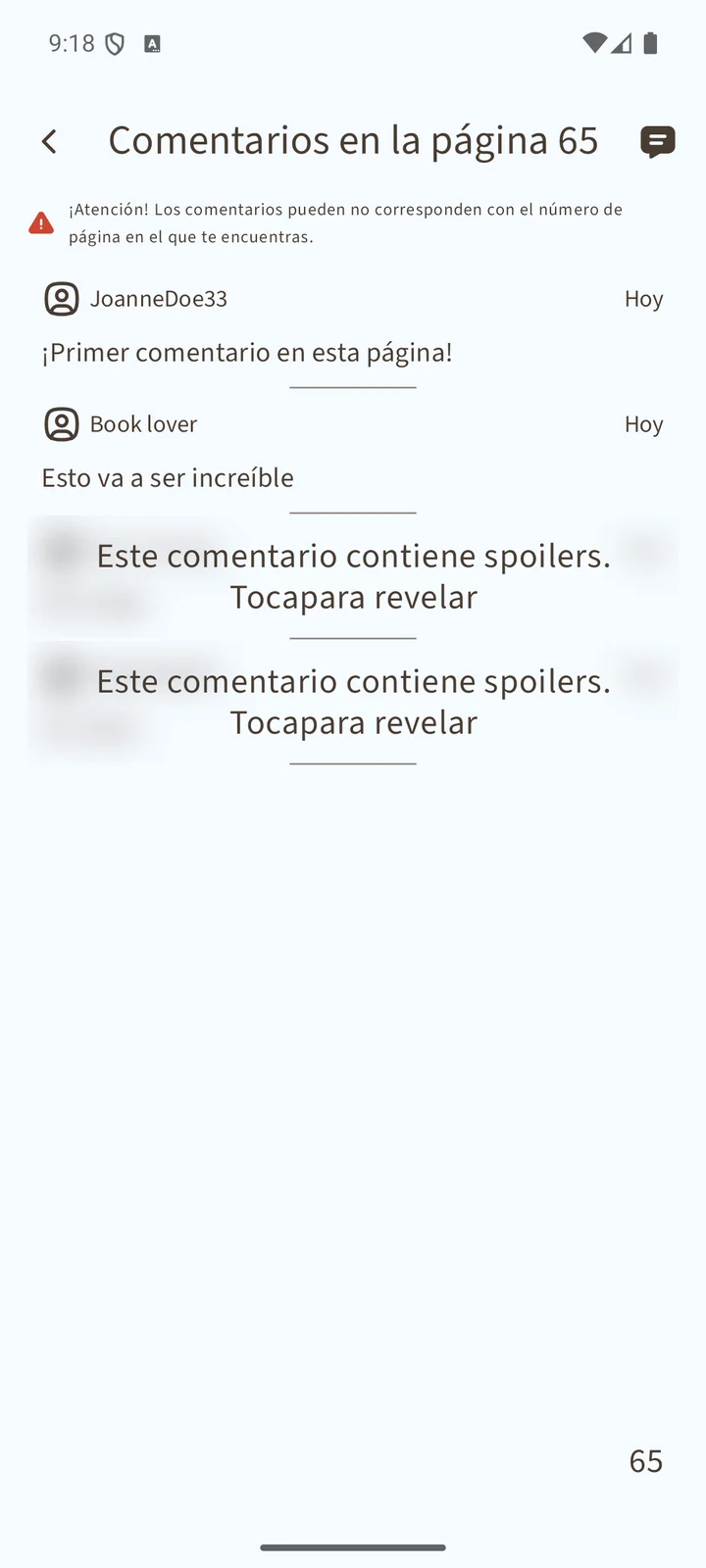Comentarios de Sobuu en la página 65, con comentarios visibles y otros marcados como spoilers ocultos.