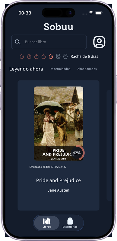 Teléfono con la pantalla de inicio de Sobuu (iOS)